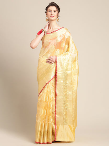 Faishana Presents Handwoven Peach Bright Silk Boota Skirt Border With Peach Blouse Banarasi Saree