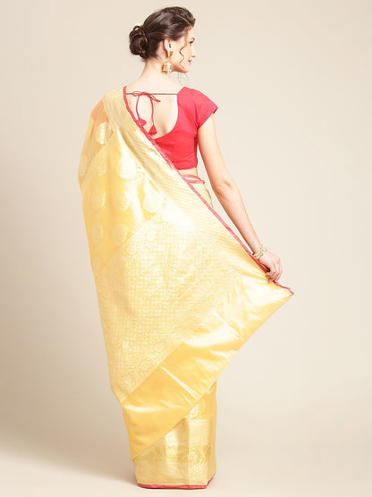 Faishana Presents Handwoven Light Gold Bright Silk Boota Skirt Border With Light Gold Blouse Banarasi Saree