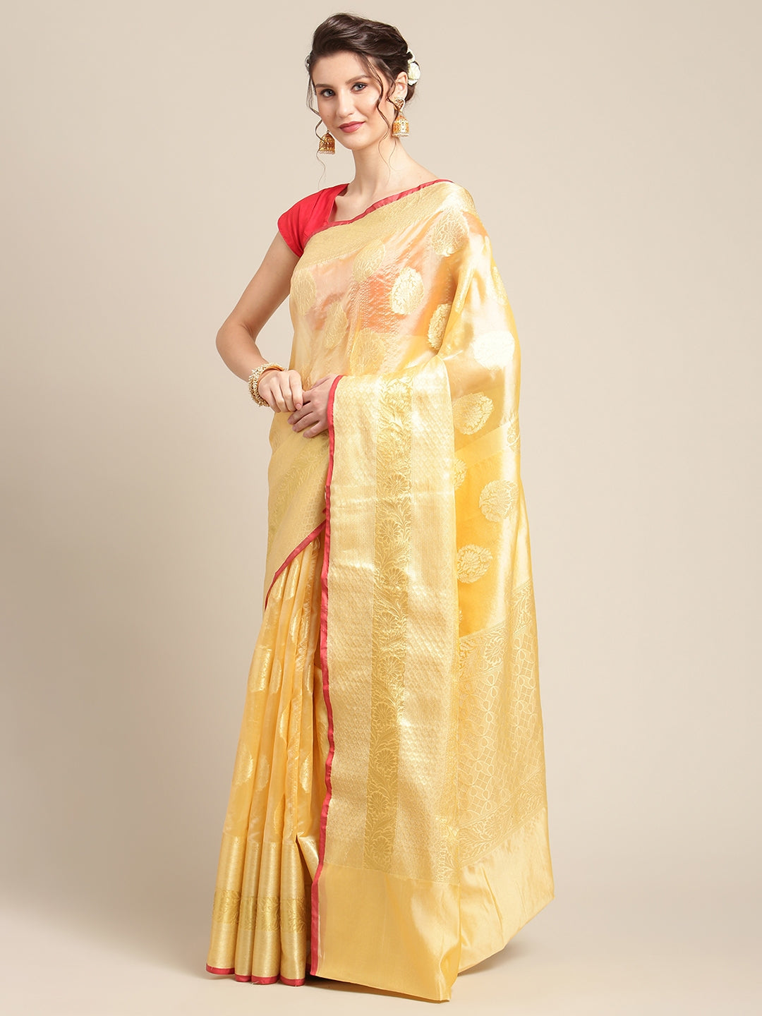 Faishana Presents Handwoven Peach Bright Silk Boota Skirt Border With Peach Blouse Banarasi Saree