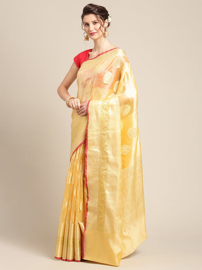 Faishana Presents Handwoven Peach Bright Silk Boota Skirt Border With Peach Blouse Banarasi Saree