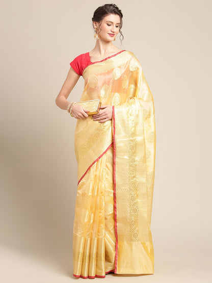 Faishana Presents Handwoven Peach Bright Silk Boota Skirt Border With Peach Blouse Banarasi Saree