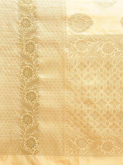 Faishana Presents Handwoven Peach Bright Silk Boota Skirt Border With Peach Blouse Banarasi Saree