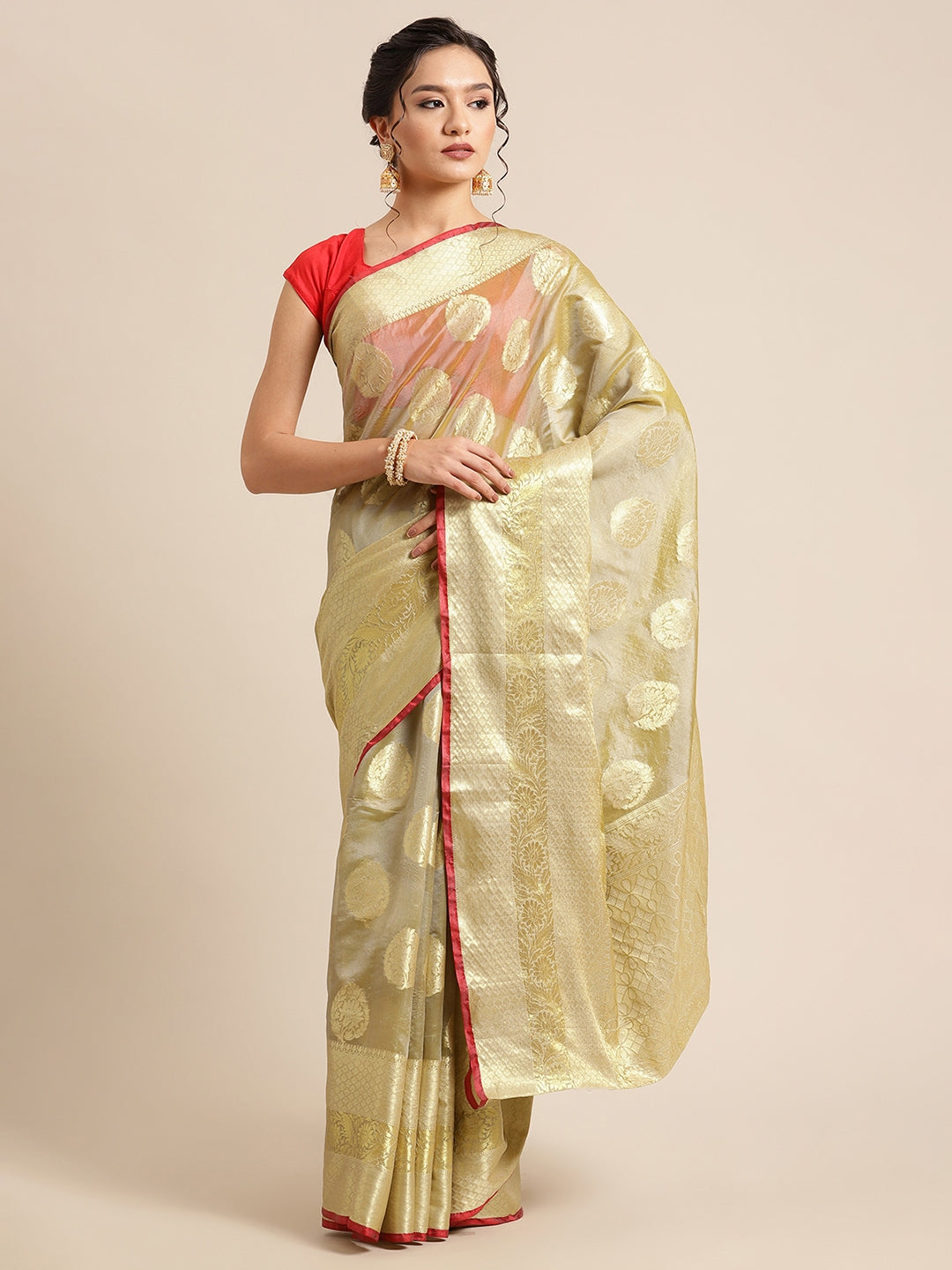 Faishana Presents Handwoven Olive Green Bright Silk Boota Skirt Border With Olive Green Blouse Banarasi Saree