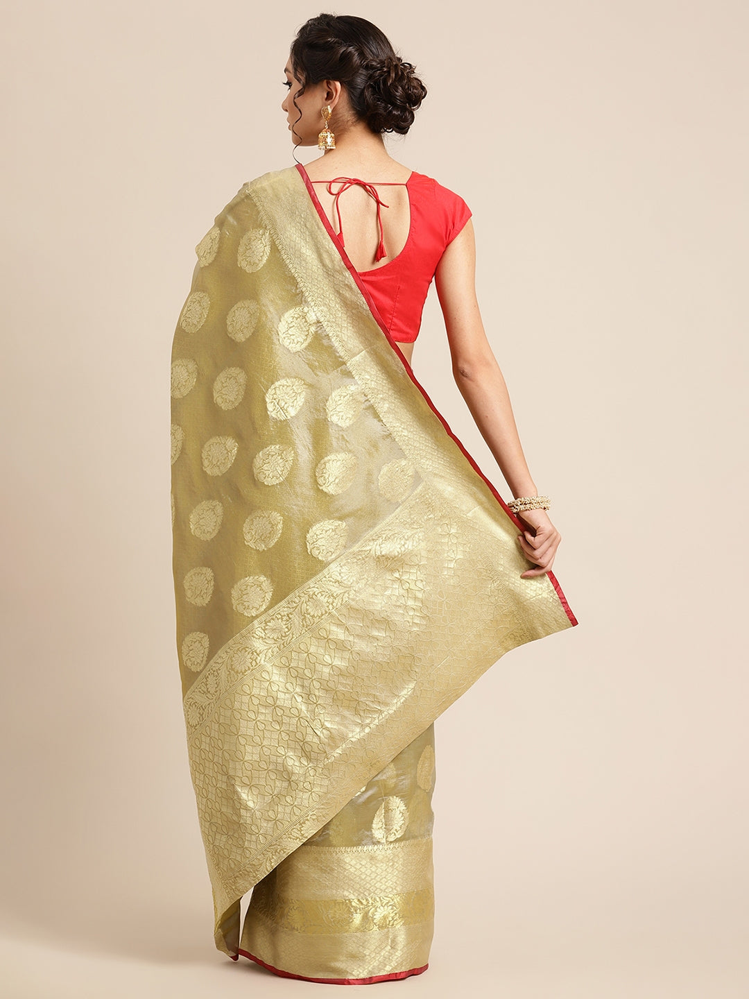Faishana Presents Handwoven Olive Green Bright Silk Boota Skirt Border With Olive Green Blouse Banarasi Saree