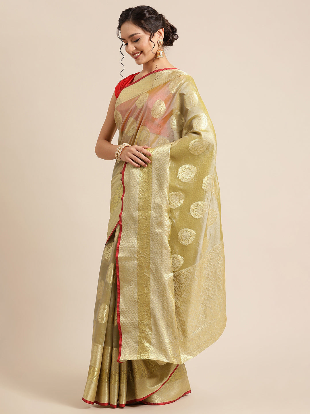 Faishana Presents Handwoven Olive Green Bright Silk Boota Skirt Border With Olive Green Blouse Banarasi Saree