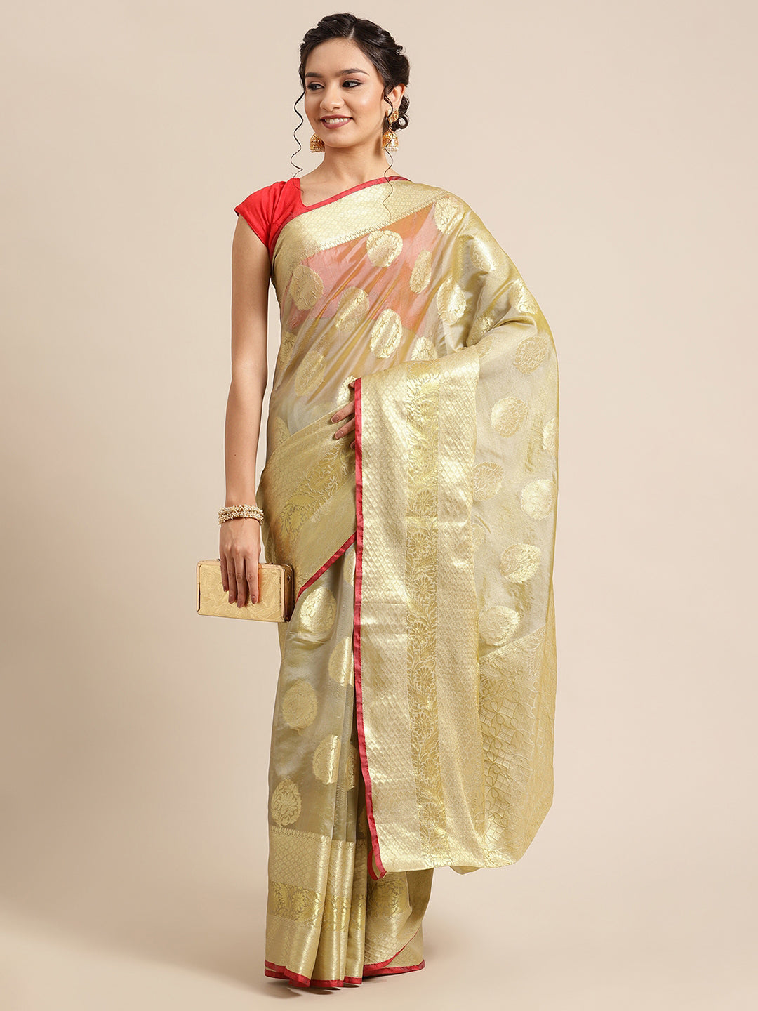 Faishana Presents Handwoven Olive Green Bright Silk Boota Skirt Border With Olive Green Blouse Banarasi Saree