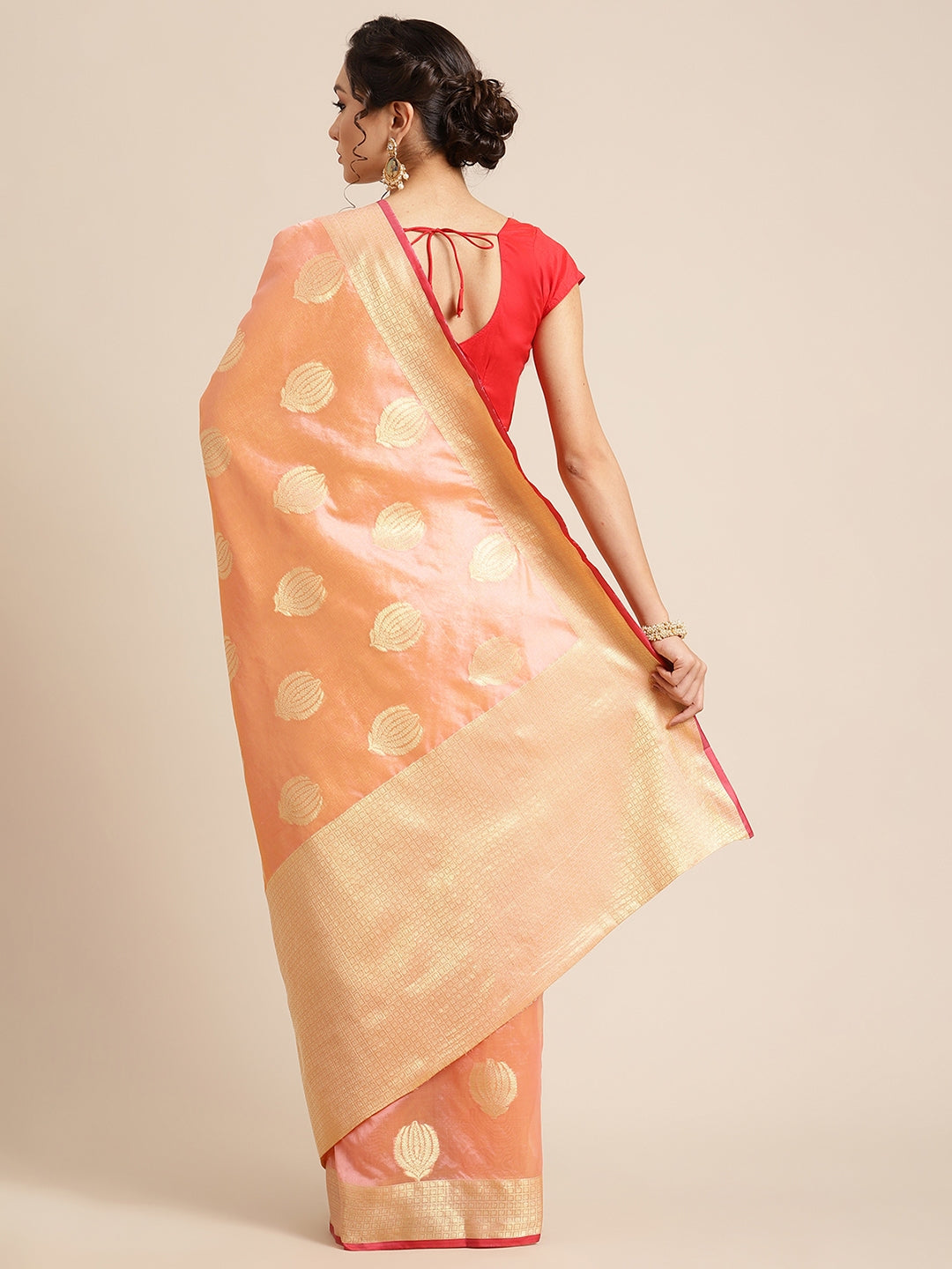 Faishana Presents Handwoven Light Pink Bright Silk Boota Zari Border With Light Pink Blouse Banarasi Saree