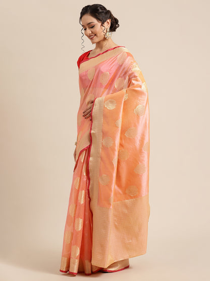 Faishana Presents Handwoven Light Pink Bright Silk Boota Zari Border With Light Pink Blouse Banarasi Saree