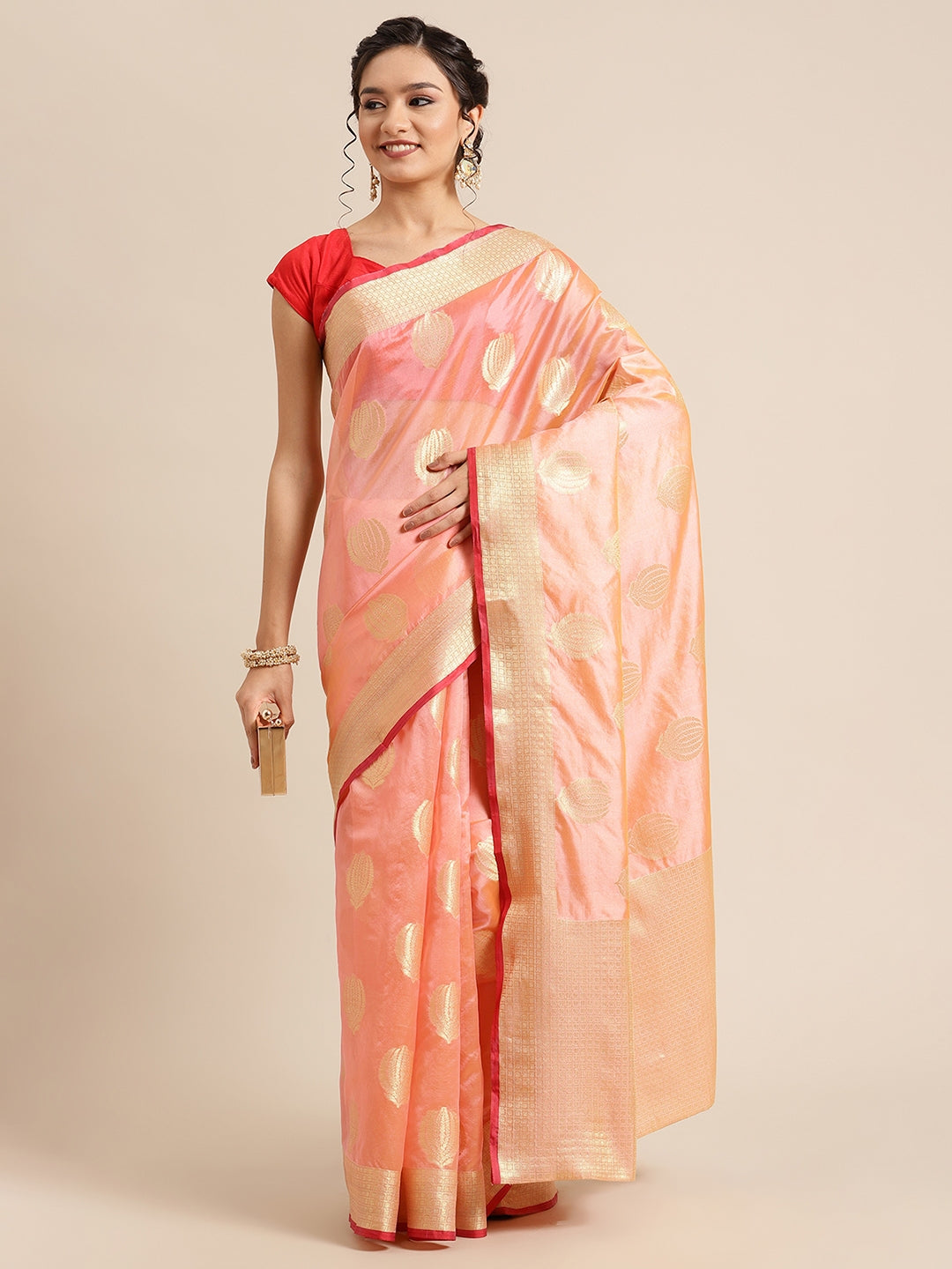 Faishana Presents Handwoven Light Pink Bright Silk Boota Zari Border With Light Pink Blouse Banarasi Saree