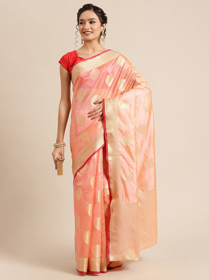 Faishana Presents Handwoven Light Pink Bright Silk Boota Zari Border With Light Pink Blouse Banarasi Saree