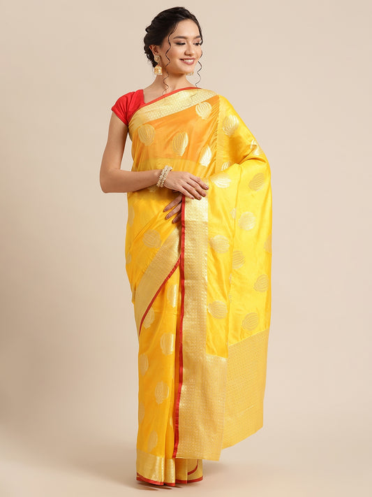 Faishana Presents Handwoven Gold Bright Silk Boota Zari Border With Gold Blouse Banarasi Saree