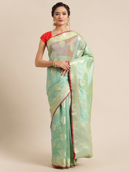 Faishana Presents Handwoven Seagreen Bright Silk Boota Zari Border With Seagreen Blouse Banarasi Saree