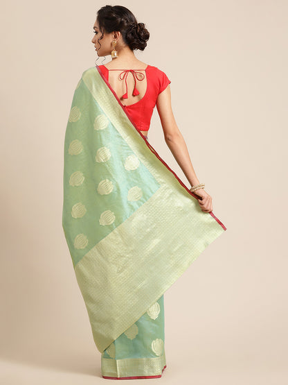 Faishana Presents Handwoven Seagreen Bright Silk Boota Zari Border With Seagreen Blouse Banarasi Saree