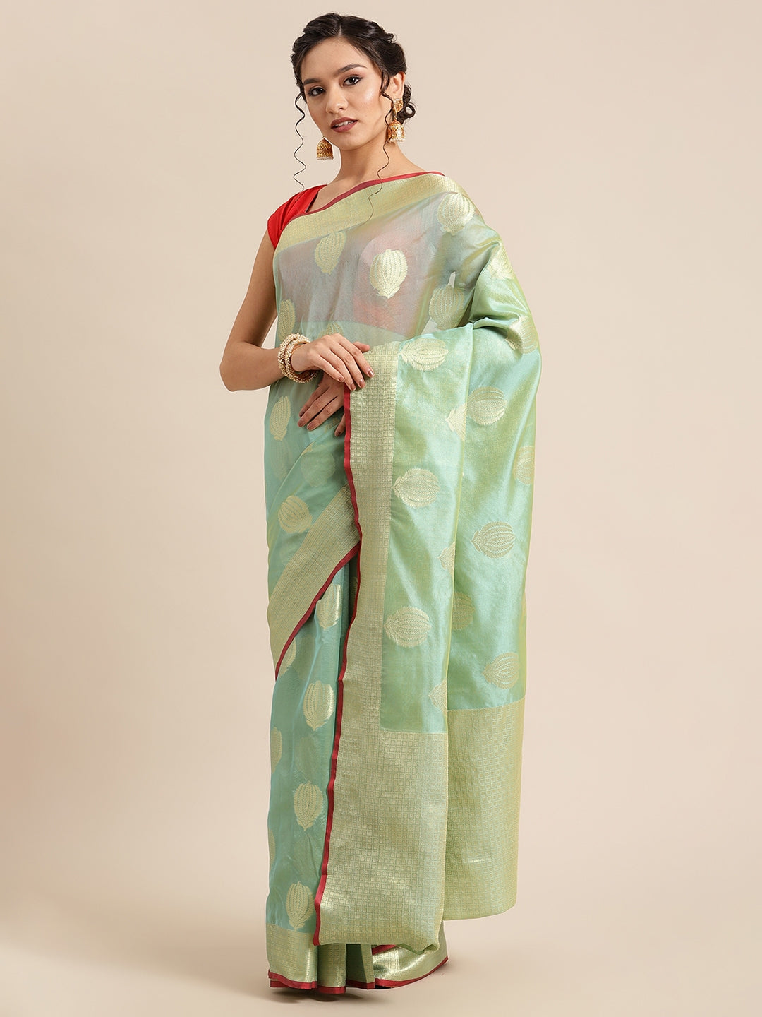 Faishana Presents Handwoven Seagreen Bright Silk Boota Zari Border With Seagreen Blouse Banarasi Saree
