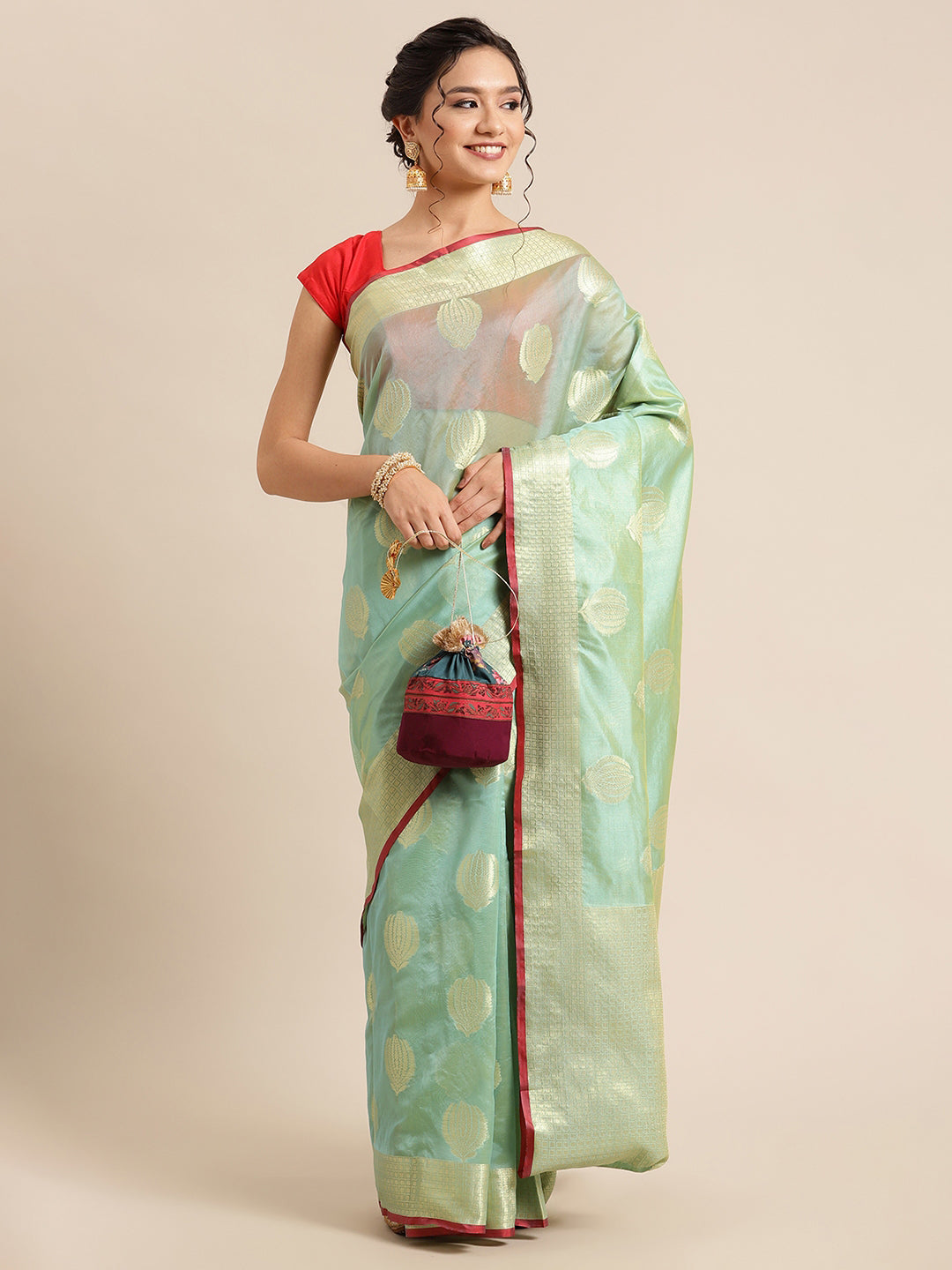 Faishana Presents Handwoven Seagreen Bright Silk Boota Zari Border With Seagreen Blouse Banarasi Saree