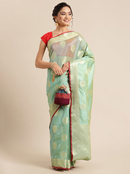 Faishana Presents Handwoven Seagreen Bright Silk Boota Zari Border With Seagreen Blouse Banarasi Saree