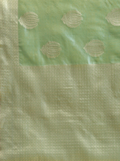 Faishana Presents Handwoven Seagreen Bright Silk Boota Zari Border With Seagreen Blouse Banarasi Saree