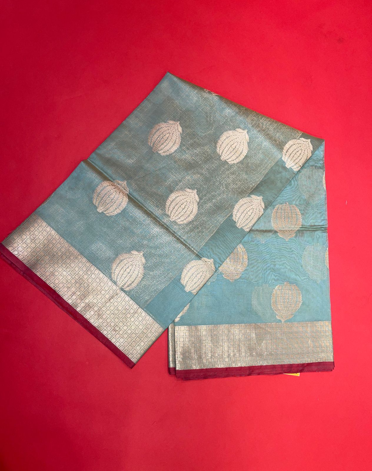 Faishana Presents Handwoven Seagreen Bright Silk Boota Zari Border With Seagreen Blouse Banarasi Saree