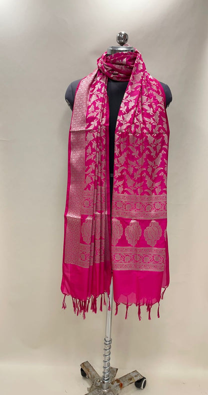 Faishana Presents Pink Semi Katan Silk Golden Tilfi Zari Floral Jaal Banarasi Dupatta
