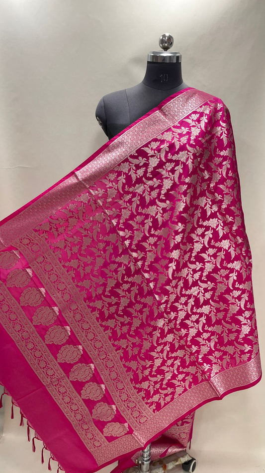 Faishana Presents Pink Semi Katan Silk Golden Tilfi Zari Floral Jaal Banarasi Dupatta