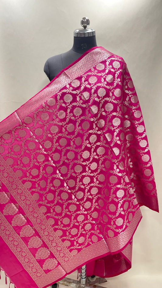 Faishana Presents Pink Semi Katan Silk Golden Alfi Zari Floral Boota Jaal Banarasi Dupatta