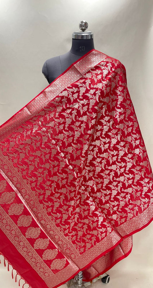 Faishana Presents Red Semi Katan Silk Tilfi Zari Floral Jaal Paisley Boota Anchal Zari Border Banarasi Dupatta
