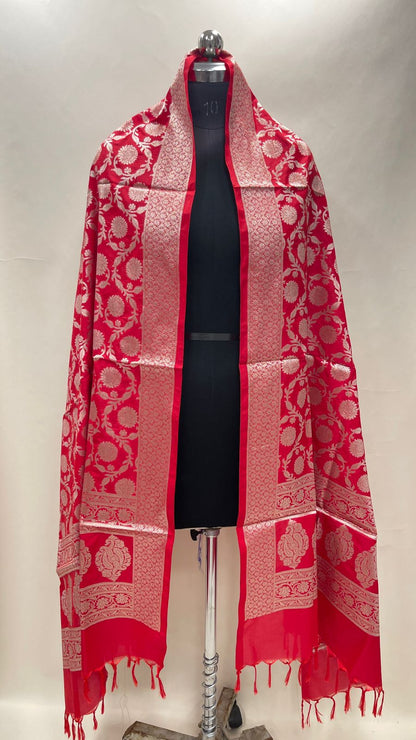 Faishana Presents Red Semi Katan Silk Tilfi Zari Jaal Paisley Boota Banarasi Dupatta