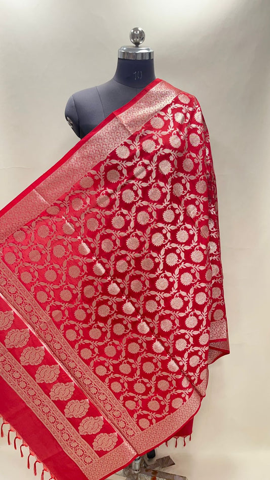 Faishana Presents Red Semi Katan Silk Tilfi Zari Jaal Paisley Boota Banarasi Dupatta