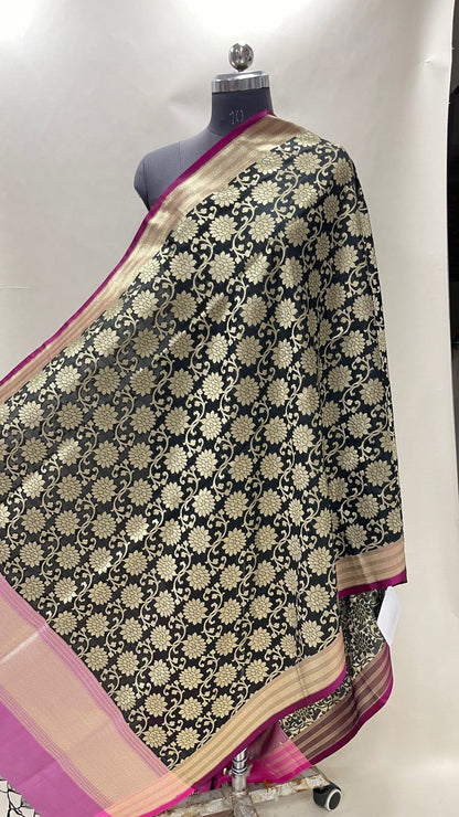 Faishana Presents Black Semi Katan Silk Tilfi Zari Floral Boota Jaal With Contrast Purple Zari Border Banarasi Dupatta
