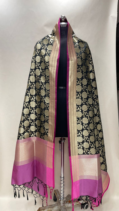 Faishana Presents Black Semi Katan Silk Tilfi Zari Floral Boota Jaal With Contrast Purple Zari Border Banarasi Dupatta
