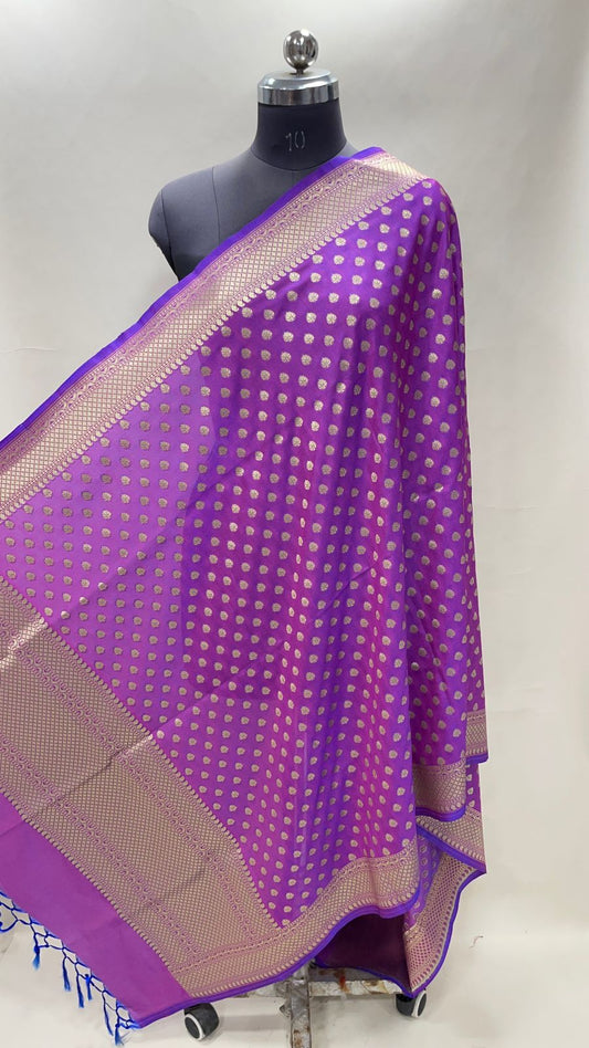 Faishana Presents Purple Cotton Zari Mina Boota With Pink Minakari Border Banarasi Dupatta