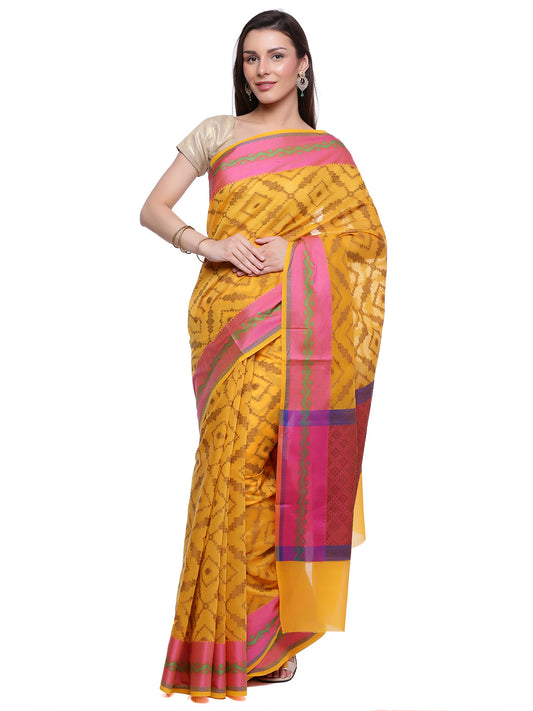 Faishana Presents Mustard Yellow Resham Zari Zig-Zag Stripe With Contrast Pink Zari Border And Mustard Blouse