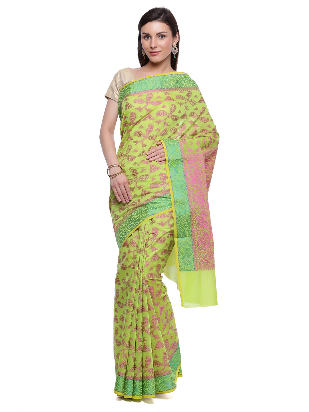 Faishana Presents Green Resham Zari Jaal Zari Banarasi Border With Paisley Pink Pallu And Pink Blouse
