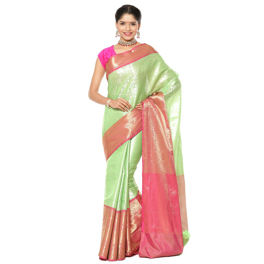 Faishana Presents Presents Green Kanchi Silk Zari Brocade Contrast Zari Brocade Red Pattu Border Banarasi Saree.