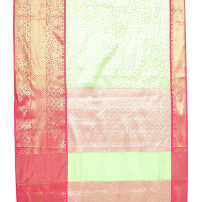 Faishana Presents Presents Green Kanchi Silk Zari Brocade Contrast Zari Brocade Red Pattu Border Banarasi Saree.