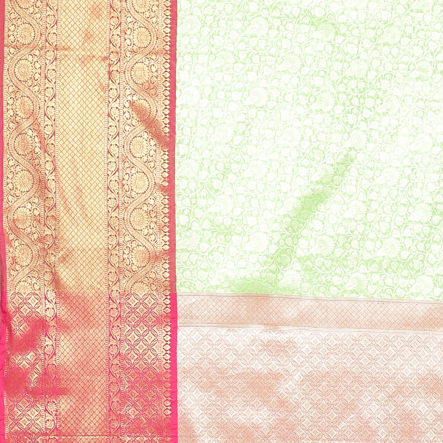 Faishana Presents Presents Green Kanchi Silk Zari Brocade Contrast Zari Brocade Red Pattu Border Banarasi Saree.