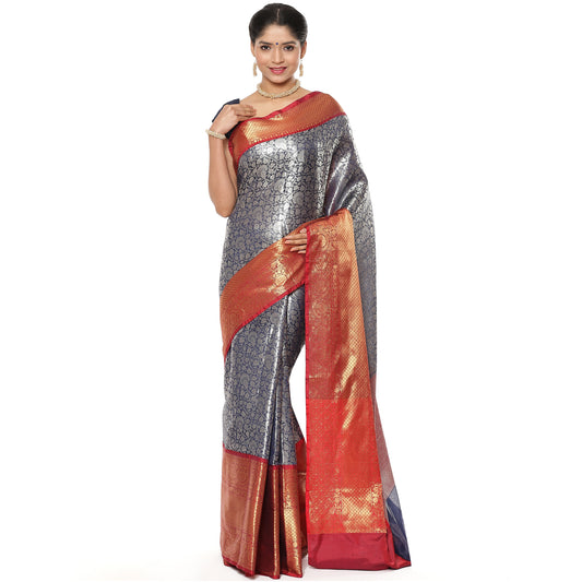Faishana Presents Navy Blue Zari Patola Contrast Zari Brocade Maroon Pattu Border Banarasi Saree