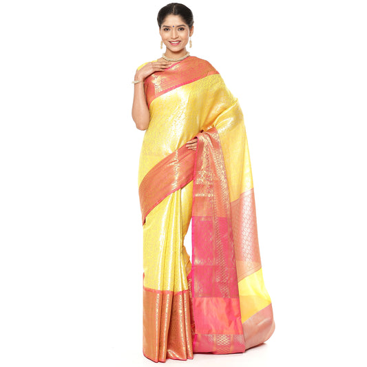 Faishana Presents Presents Gold Kanchi Silk Zari Brocade Contrast Silk Zari Brocade Red Pattu Border Banarasi Saree