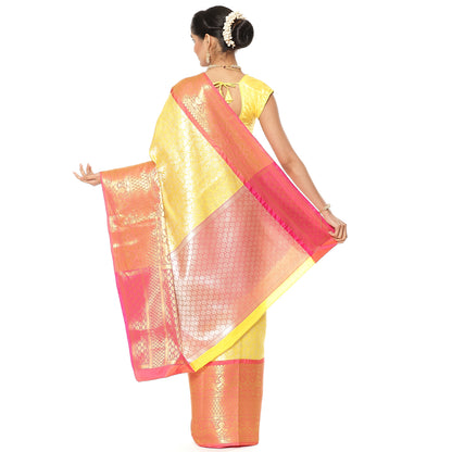 Faishana Presents Presents Gold Kanchi Silk Zari Brocade Contrast Silk Zari Brocade Red Pattu Border Banarasi Saree