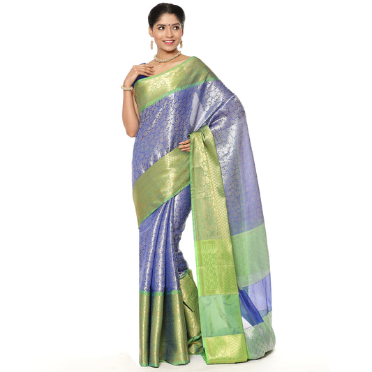 Faishana Presents Presents Navy Blue Zari Patola Contrast Zari Brocade Green Pattu Border Banarasi Saree