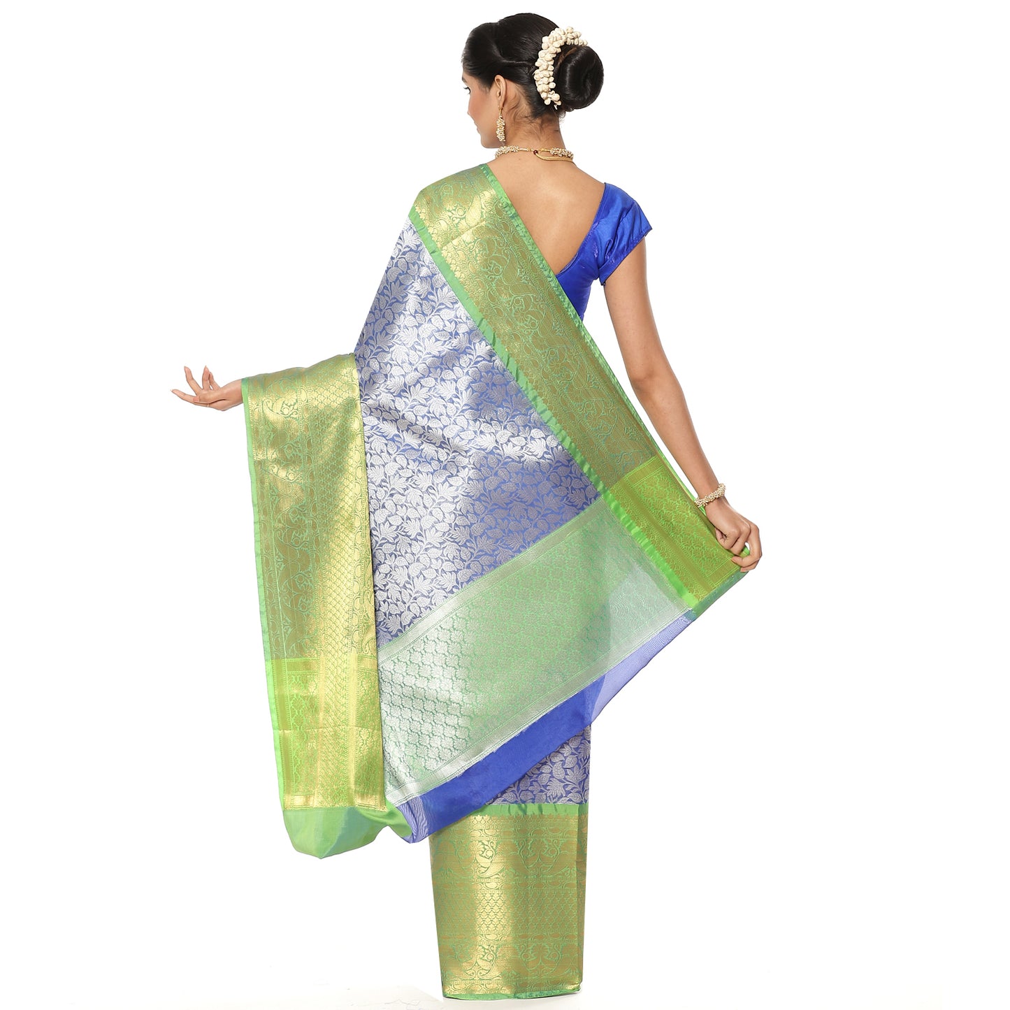 Faishana Presents Presents Navy Blue Zari Patola Contrast Zari Brocade Green Pattu Border Banarasi Saree