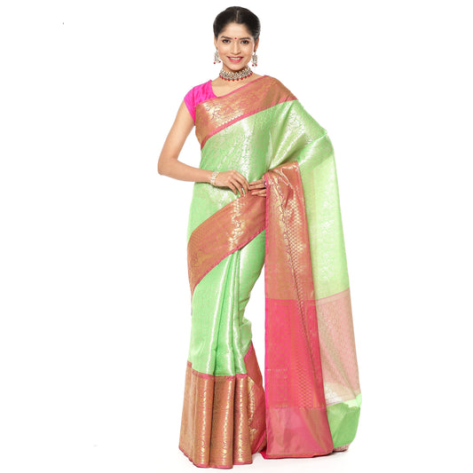 Faishana Presents Presents Green Kanchi Silk Zari Brocade Contrast Zari Brocade Red Pattu Border Banarasi Saree.