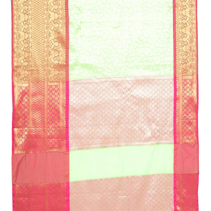 Faishana Presents Presents Green Kanchi Silk Zari Brocade Contrast Zari Brocade Red Pattu Border Banarasi Saree.