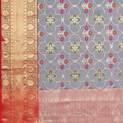 Faishana Presents Presents Navy Blue Zari Patola Contrast Zari Brocade Maroon Pattu Border Banarasi Saree.