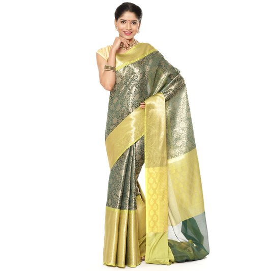 Faishana Presents Presents Bottle Green Zari Patan Patola Contrast Zari Brocade Pistachio Pattu Border Banarasi Saree.