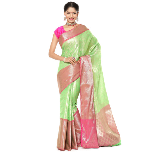 Faishana Presents Presents Green Kanchi Silk Zari Brocade Contrast Zari Brocade Pink Pattu Border Banarasi Saree.