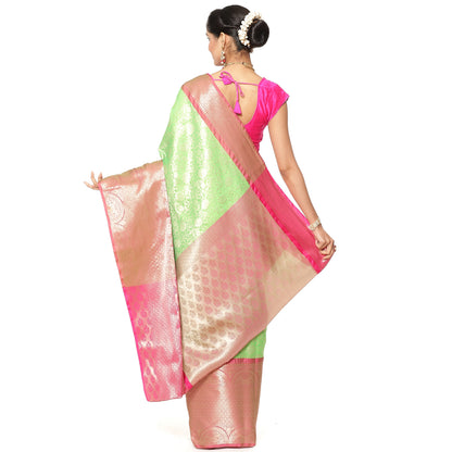 Faishana Presents Presents Green Kanchi Silk Zari Brocade Contrast Zari Brocade Pink Pattu Border Banarasi Saree.