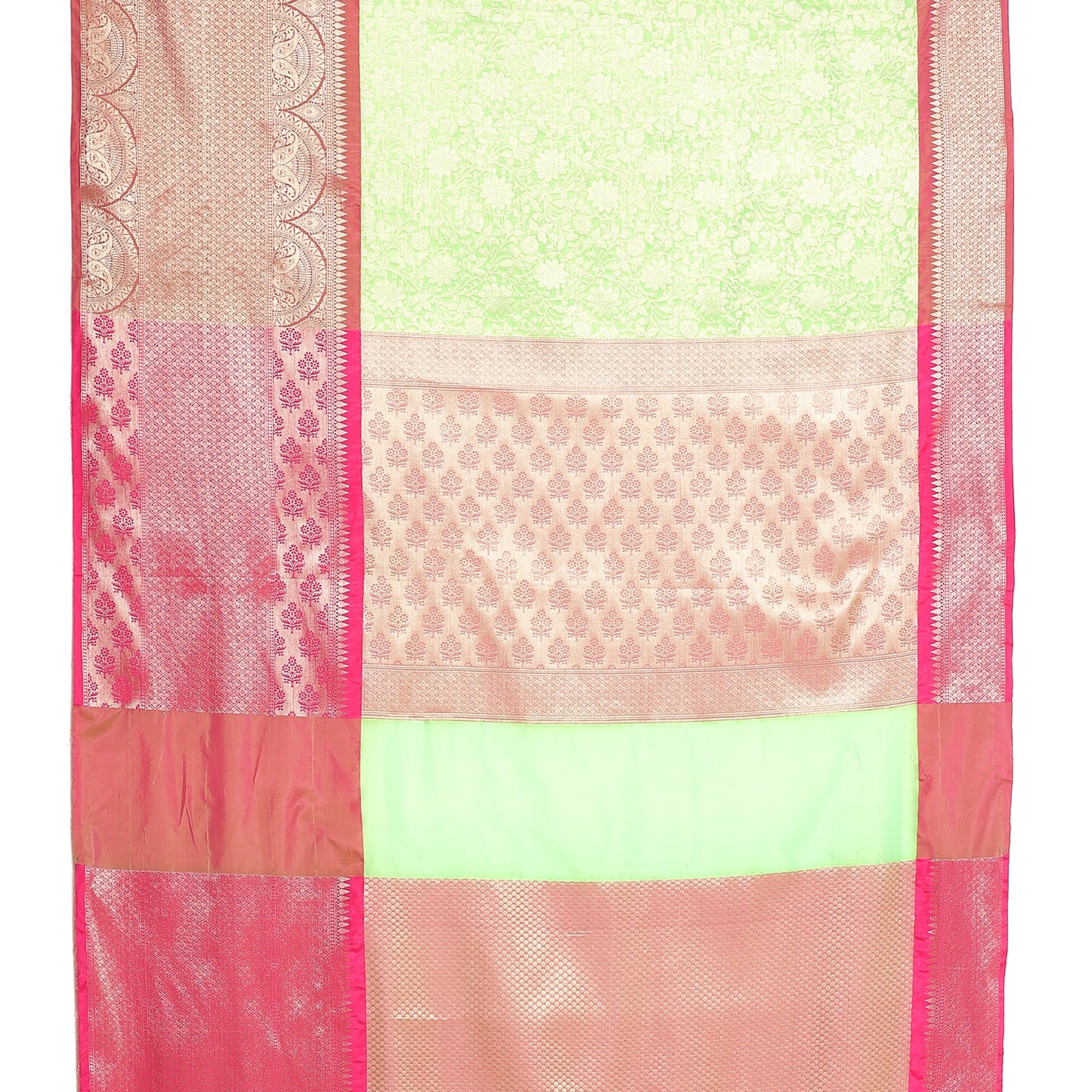 Faishana Presents Presents Green Kanchi Silk Zari Brocade Contrast Zari Brocade Pink Pattu Border Banarasi Saree.