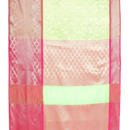Faishana Presents Presents Green Kanchi Silk Zari Brocade Contrast Zari Brocade Pink Pattu Border Banarasi Saree.