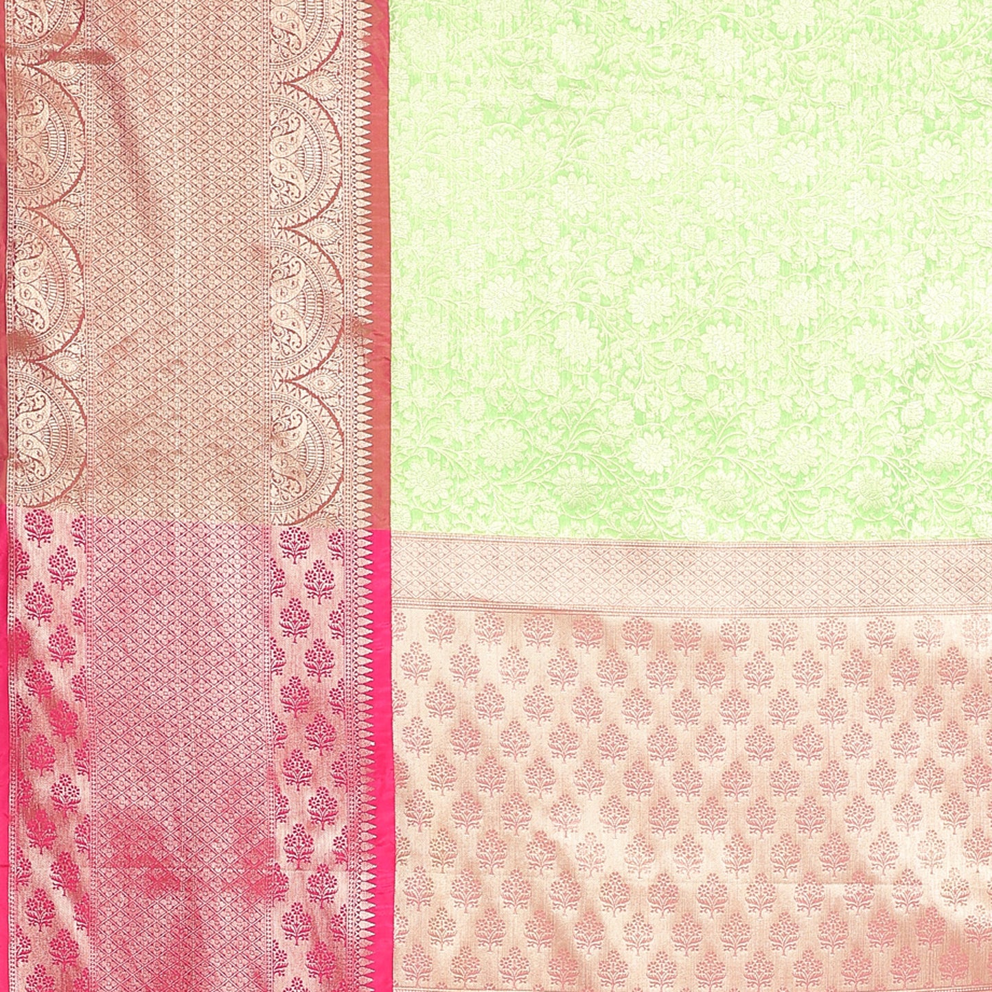 Faishana Presents Presents Green Kanchi Silk Zari Brocade Contrast Zari Brocade Pink Pattu Border Banarasi Saree.
